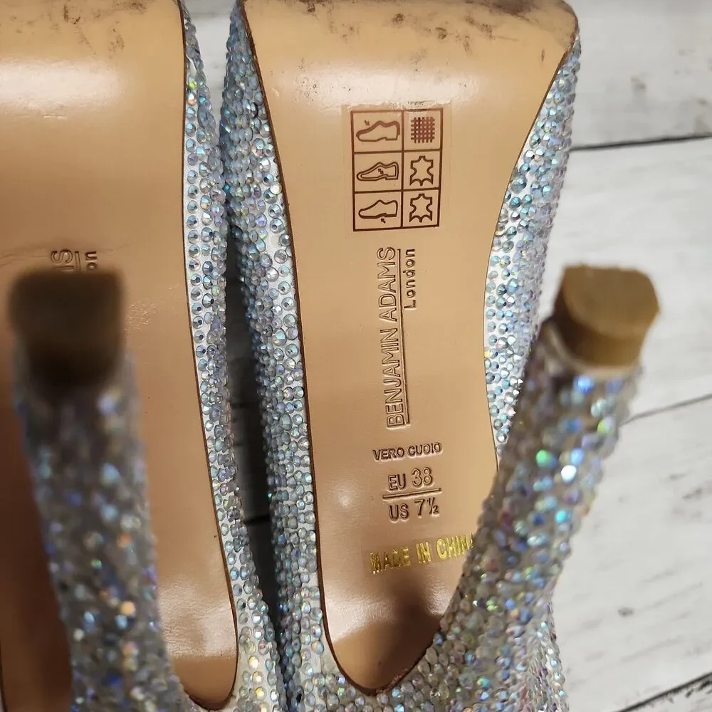 Benjamin Adams London Silver Jewel Encrusted Peep Toe Platform Pumps S 7.5/38